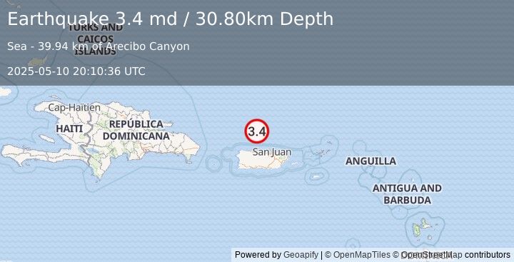 Earthquake PUERTO RICO REGION (3.4 md) (2025-05-10 20:10:36 UTC)