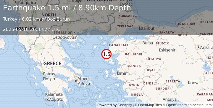 Earthquake NEAR THE COAST OF WESTERN TURKEY (1.5 ml) (2025-05-10 20:33:22 UTC)