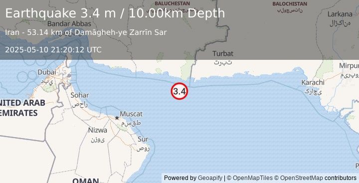 Earthquake OFF COAST OF PAKISTAN (3.4 m) (2025-05-10 21:20:12 UTC)