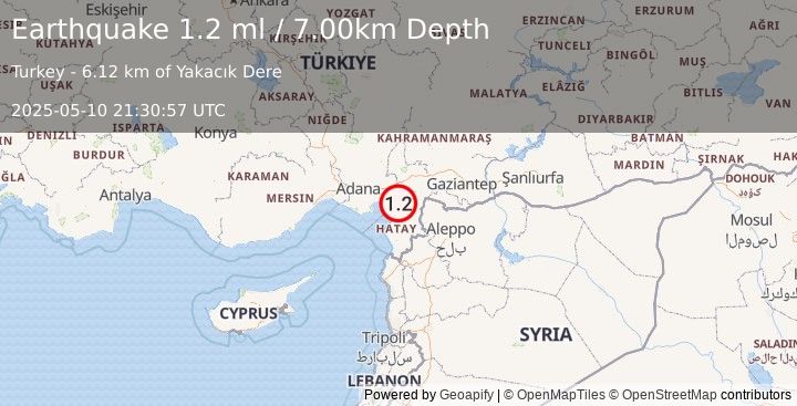 Earthquake TURKEY-SYRIA BORDER REGION (1.2 ml) (2025-05-10 21:30:57 UTC)
