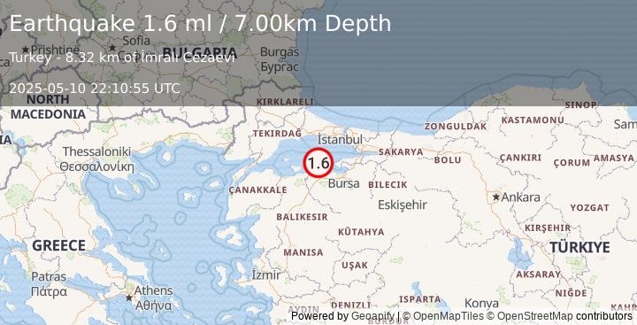 Earthquake WESTERN TURKEY (1.6 ml) (2025-05-10 22:10:55 UTC)