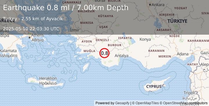Earthquake WESTERN TURKEY (0.8 ml) (2025-05-10 22:03:30 UTC)