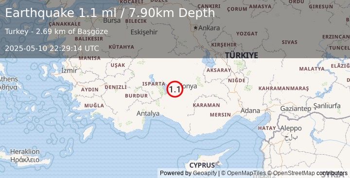 Earthquake WESTERN TURKEY (1.1 ml) (2025-05-10 22:29:14 UTC)