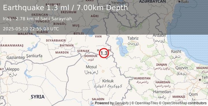 Earthquake TURKEY-IRAN-IRAQ BORDER REGION (1.3 ml) (2025-05-10 22:55:03 UTC)