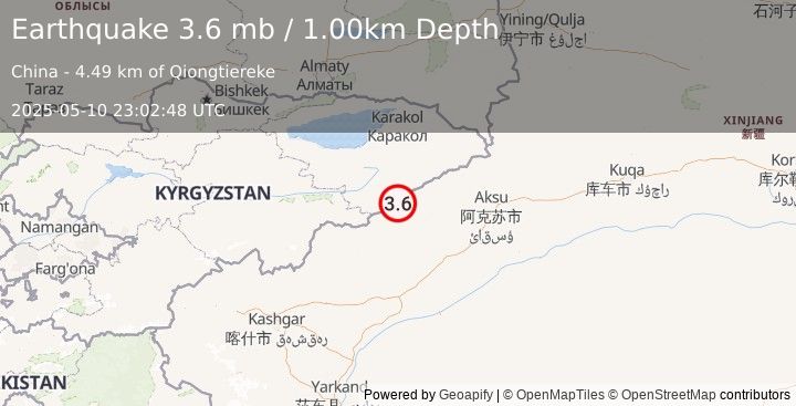 Earthquake SOUTHERN XINJIANG, CHINA (3.6 mb) (2025-05-10 23:02:48 UTC)