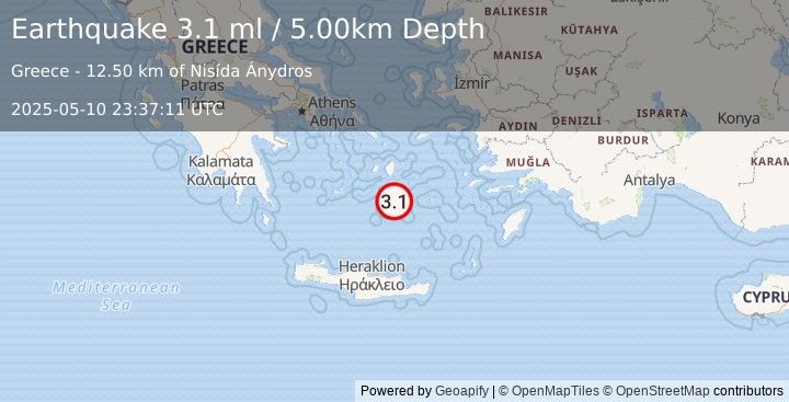 Earthquake DODECANESE ISLANDS, GREECE (3.1 ml) (2025-05-10 23:37:10 UTC)