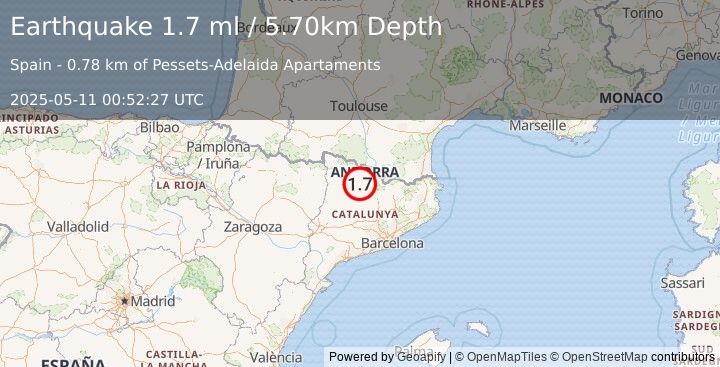 Earthquake PYRENEES (1.7 ml) (2025-05-11 00:52:27 UTC)