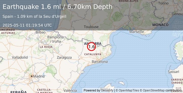 Earthquake PYRENEES (1.6 ml) (2025-05-11 01:19:54 UTC)