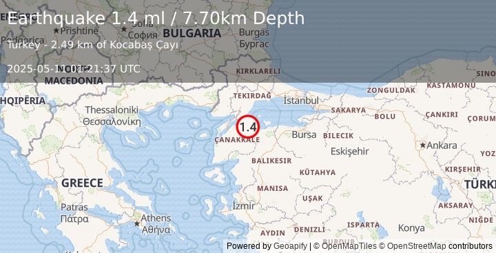 Earthquake WESTERN TURKEY (1.4 ml) (2025-05-11 01:21:37 UTC)