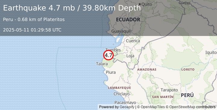 Earthquake PERU-ECUADOR BORDER REGION (4.7 mb) (2025-05-11 01:29:58 UTC)