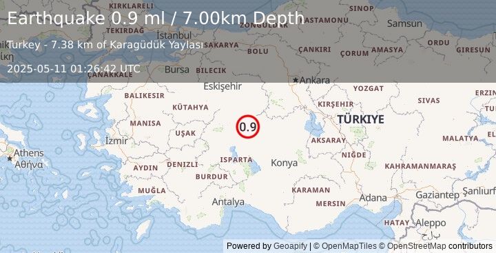 Earthquake WESTERN TURKEY (0.9 ml) (2025-05-11 01:26:42 UTC)