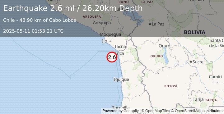 Earthquake OFFSHORE TARAPACA, CHILE (2.6 ml) (2025-05-11 01:53:21 UTC)