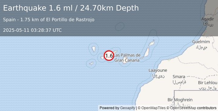 Earthquake CANARY ISLANDS, SPAIN REGION (1.6 ml) (2025-05-11 03:28:37 UTC)