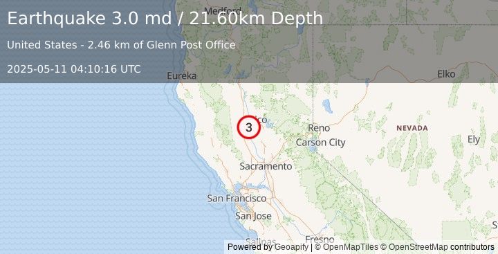 Earthquake NORTHERN CALIFORNIA (3.0 md) (2025-05-11 04:10:16 UTC)