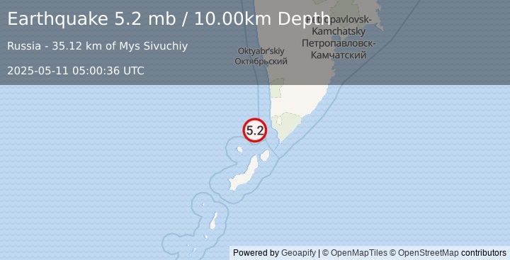 Earthquake KAMCHATKA PENINSULA, RUSSIA (5.2 mb) (2025-05-11 05:00:49 UTC)