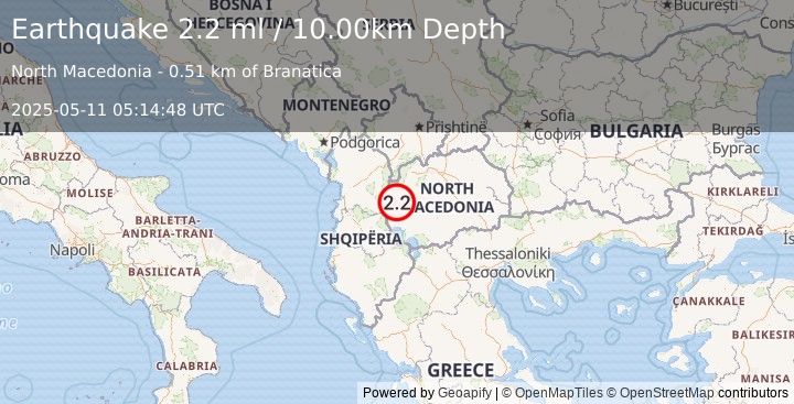 Earthquake REPUBLIC OF NORTH MACEDONIA (2.1 ml) (2025-05-11 05:14:48 UTC)