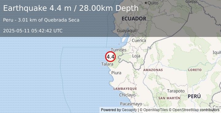 Earthquake NEAR COAST OF NORTHERN PERU (4.4 m) (2025-05-11 05:42:42 UTC)