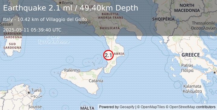 Earthquake SOUTHERN ITALY (2.1 ml) (2025-05-11 05:39:40 UTC)