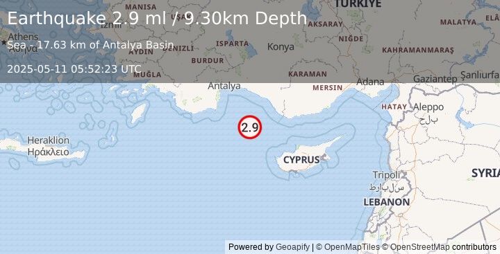 Earthquake CYPRUS REGION (2.9 ml) (2025-05-11 05:52:23 UTC)