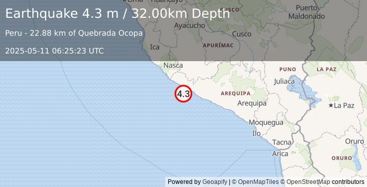 Earthquake NEAR COAST OF SOUTHERN PERU (4.3 m) (2025-05-11 06:25:26 UTC)