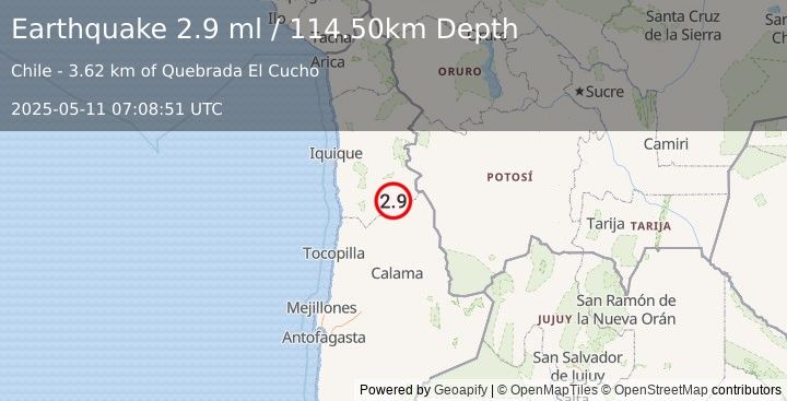 Earthquake TARAPACA, CHILE (2.9 ml) (2025-05-11 07:08:51 UTC)