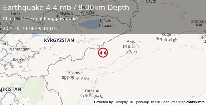 Earthquake SOUTHERN XINJIANG, CHINA (4.4 mb) (2025-05-11 08:09:15 UTC)
