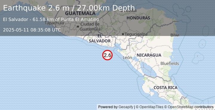 Earthquake OFFSHORE EL SALVADOR (2.6 m) (2025-05-11 08:35:08 UTC)