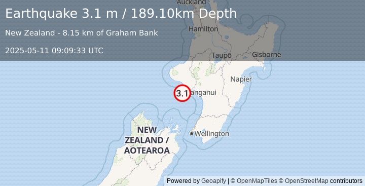 Earthquake NORTH ISLAND OF NEW ZEALAND (3.1 m) (2025-05-11 09:09:33 UTC)