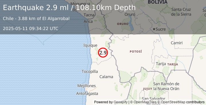 Earthquake TARAPACA, CHILE (2.9 ml) (2025-05-11 09:34:22 UTC)