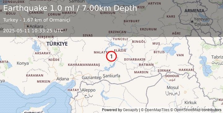 Earthquake EASTERN TURKEY (1.0 ml) (2025-05-11 10:33:25 UTC)