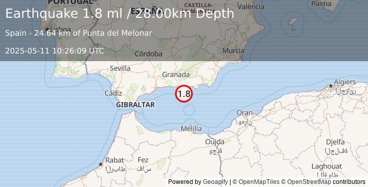 Earthquake STRAIT OF GIBRALTAR (1.8 ml) (2025-05-11 10:26:09 UTC)