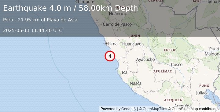 Earthquake NEAR COAST OF CENTRAL PERU (4.0 m) (2025-05-11 11:44:40 UTC)