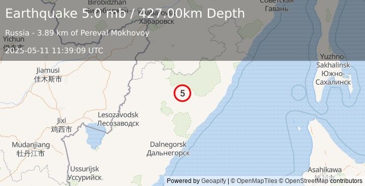 Earthquake PRIMOR'YE, RUSSIA (5.0 mb) (2025-05-11 11:39:08 UTC)