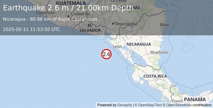 Earthquake NEAR COAST OF NICARAGUA (2.6 m) (2025-05-11 11:53:50 UTC)