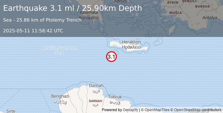 Earthquake CRETE, GREECE (3.0 ml) (2025-05-11 11:58:41 UTC)