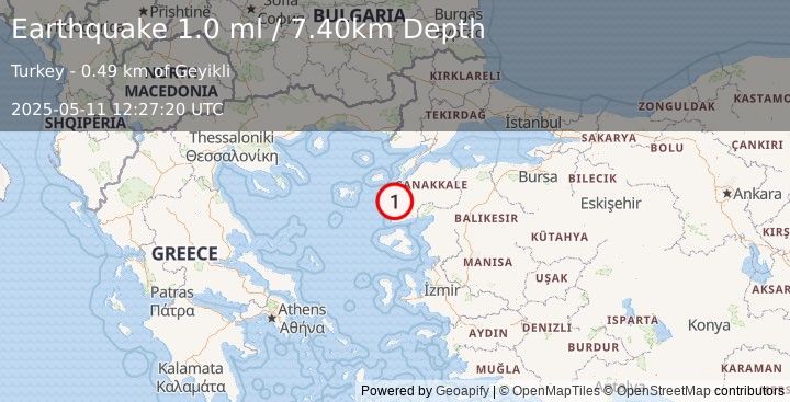 Earthquake NEAR THE COAST OF WESTERN TURKEY (1.0 ml) (2025-05-11 12:27:20 UTC)