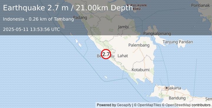 Earthquake SOUTHERN SUMATRA, INDONESIA (2.7 m) (2025-05-11 13:53:56 UTC)