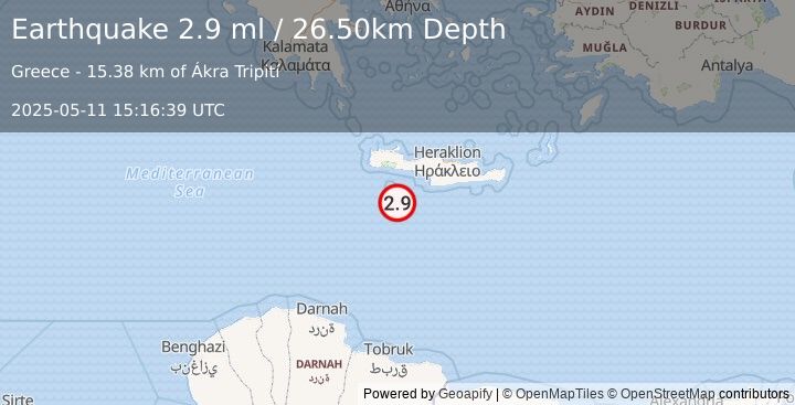 Earthquake CRETE, GREECE (2.9 ml) (2025-05-11 15:16:39 UTC)