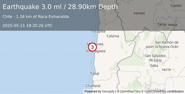 Earthquake OFFSHORE ANTOFAGASTA, CHILE (3.0 ml) (2025-05-11 18:35:26 UTC)
