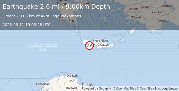 Earthquake CRETE, GREECE (2.6 ml) (2025-05-11 19:03:28 UTC)