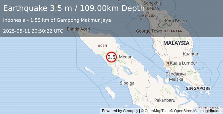 Earthquake NORTHERN SUMATRA, INDONESIA (3.5 m) (2025-05-11 20:50:22 UTC)