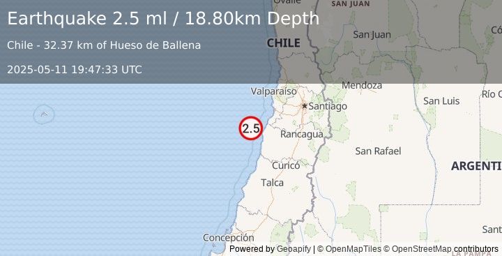 Earthquake OFFSHORE O'HIGGINS, CHILE (2.5 ml) (2025-05-11 19:47:33 UTC)