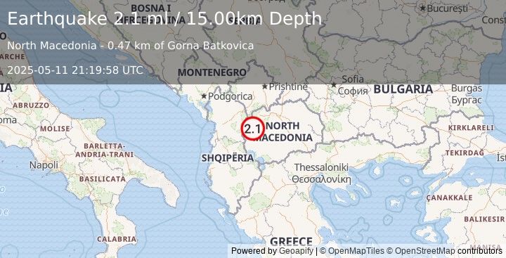 Earthquake REPUBLIC OF NORTH MACEDONIA (2.1 ml) (2025-05-11 21:19:58 UTC)