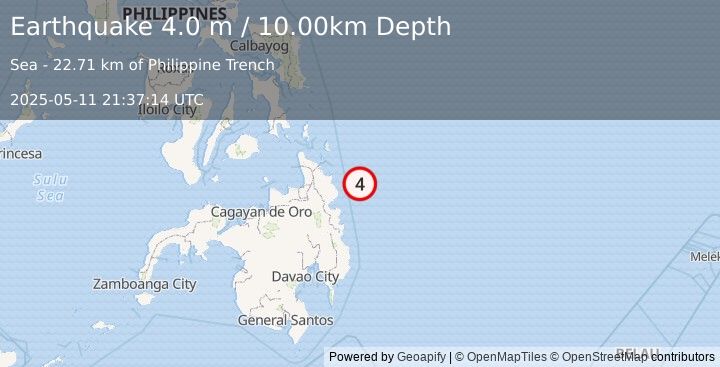 Earthquake MINDANAO, PHILIPPINES (4.0 m) (2025-05-11 21:37:14 UTC)