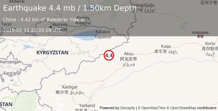 Earthquake SOUTHERN XINJIANG, CHINA (4.4 mb) (2025-05-11 22:33:18 UTC)