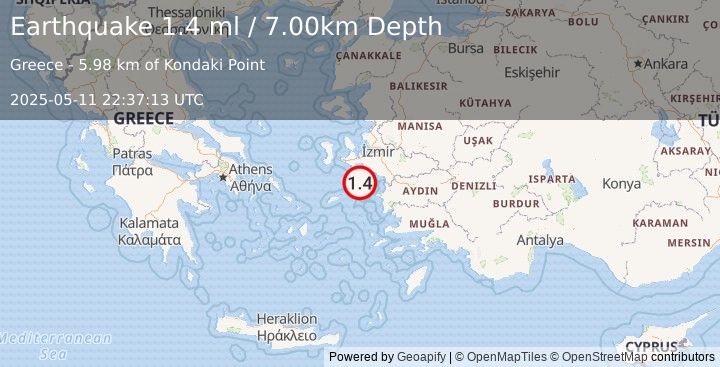 Earthquake DODECANESE ISLANDS, GREECE (1.4 ml) (2025-05-11 22:37:13 UTC)