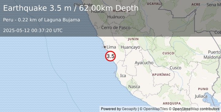 Earthquake NEAR COAST OF CENTRAL PERU (3.5 m) (2025-05-12 00:37:20 UTC)