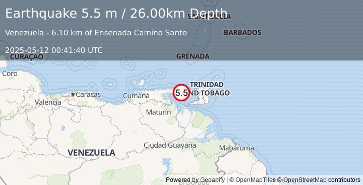 Earthquake OFFSHORE SUCRE, VENEZUELA (5.0 mw) (2025-05-12 00:41:43 UTC)
