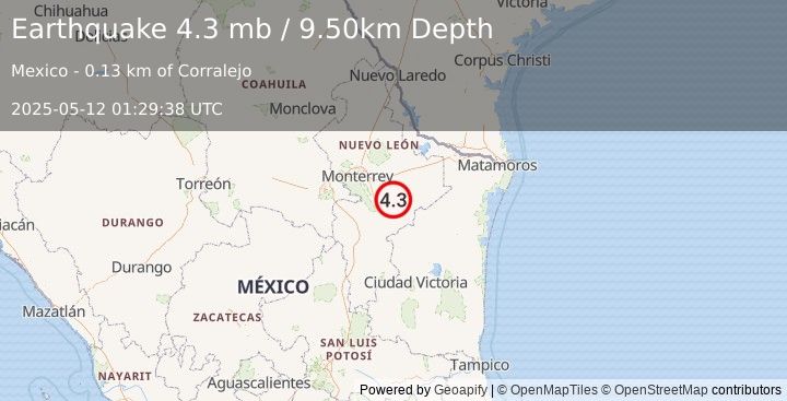 Earthquake NUEVO LEON, MEXICO (4.3 mb) (2025-05-12 01:29:38 UTC)