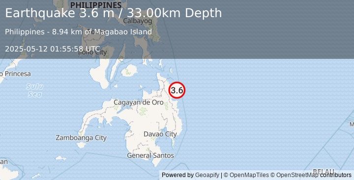 Earthquake MINDANAO, PHILIPPINES (3.6 m) (2025-05-12 01:55:58 UTC)